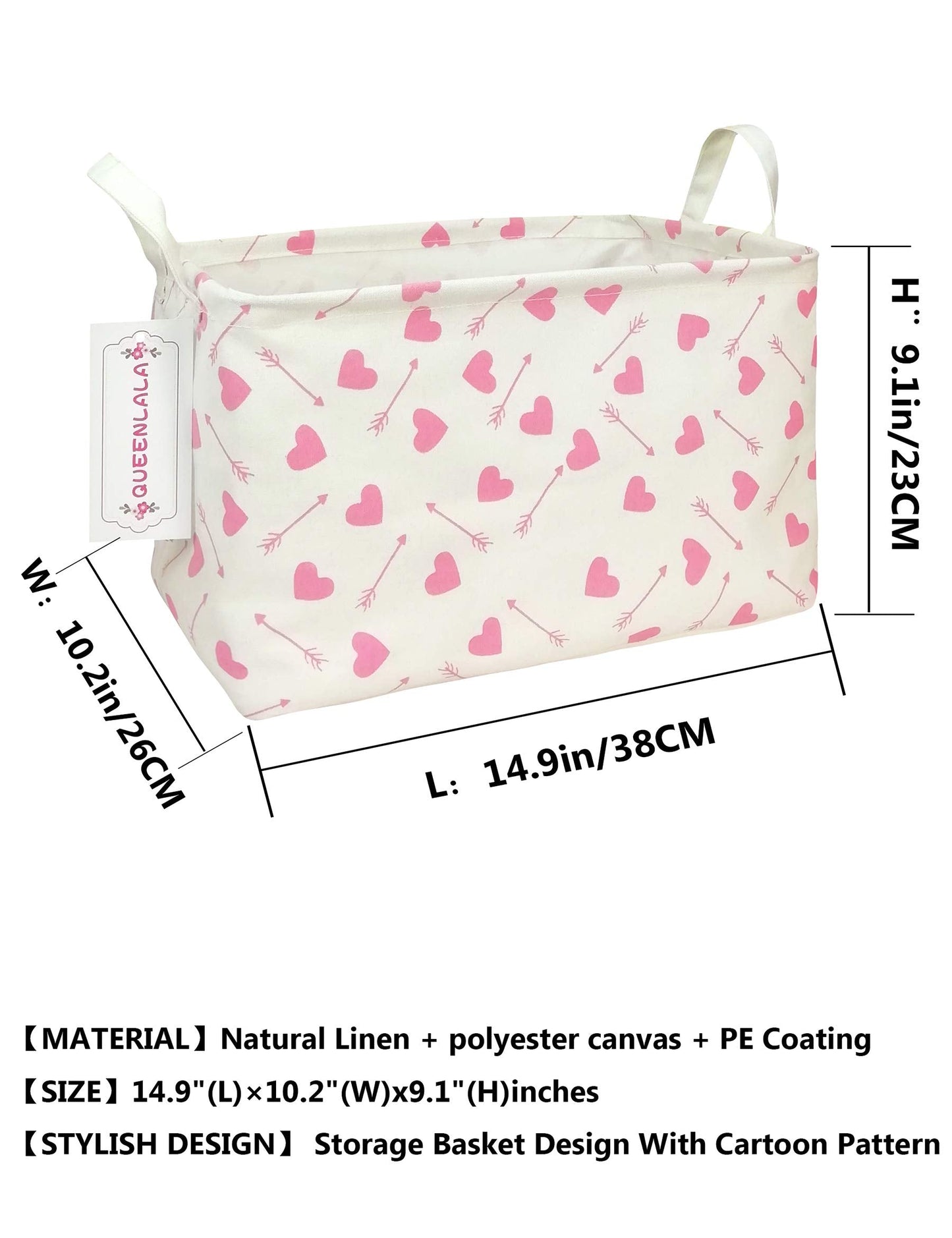 QUEENLALA Rectangular Laundry Hamper/Foldable Nursery Laundry Basket for Organizing/Storage Bin Baskets/Children Toy Office Bedroom/Toy Bin Closet Shelf Baskets（Rec-Pink-Heart Arrow）