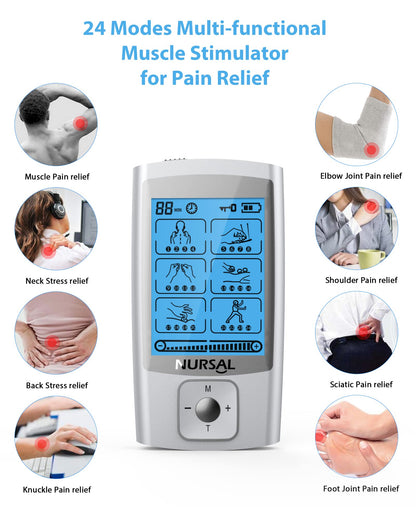 NURSAL 24 Modes TENS Unit Muscle Stimulator with Continuous Stimulation, Rechargeable Electronic Pulse Massager with 8 Pads for Back and Shoulder Pain Relief and Muscle Strength (Silver)