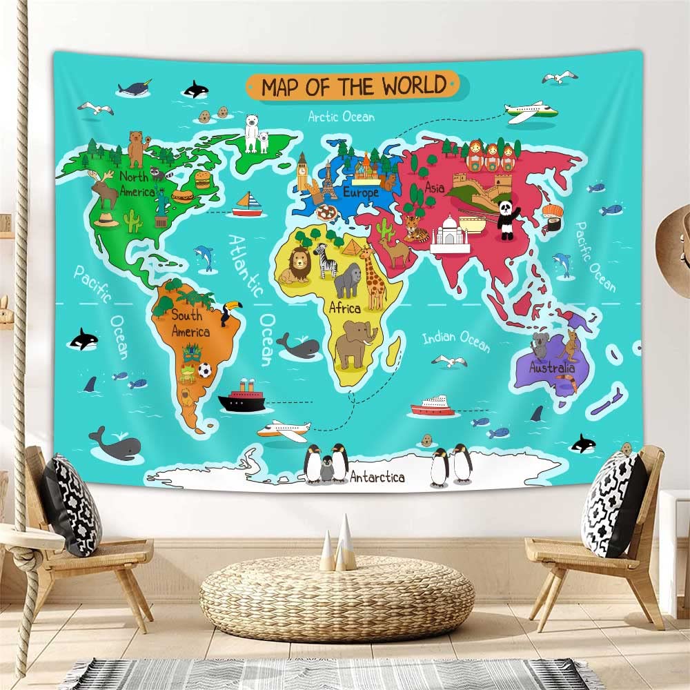 Kids Map Tapestry,Cartoon Animal Landmark Building Educational Geography World Map Wall Hanging,Wall Blankets for Classroom Home Dorm Living Room Bedroom Decor 90X70 in