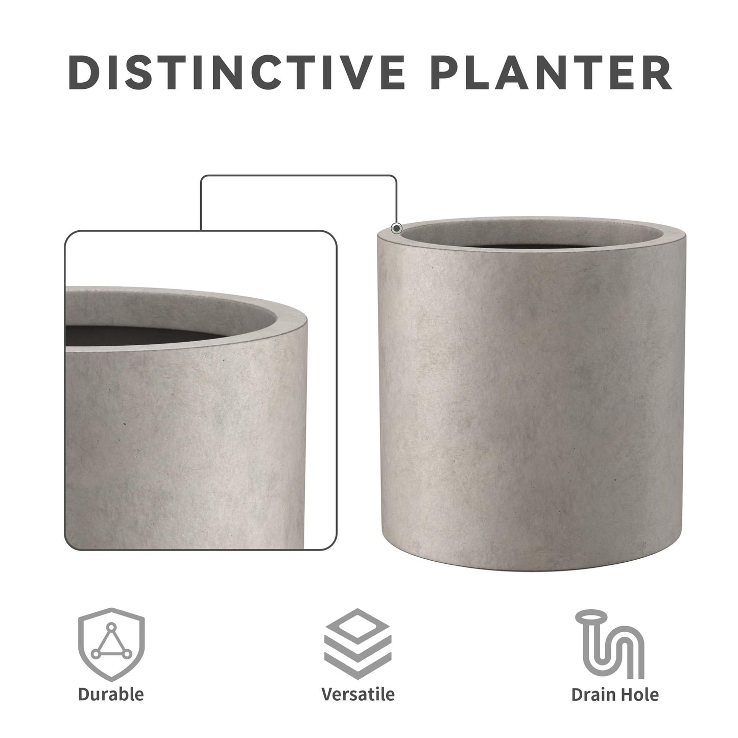 Kante 12.6" Dia Round Concrete Planter, Modern Style Large Cylindrical Plant Pot with Drainage Hole and Rubber Plug for Indoor Outdoor Patio, Weathered Concrete