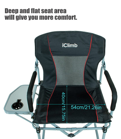 iClimb Heavy Duty Compact Camping Folding Mesh Chair with Side Table and Handle (Black, 2PC)