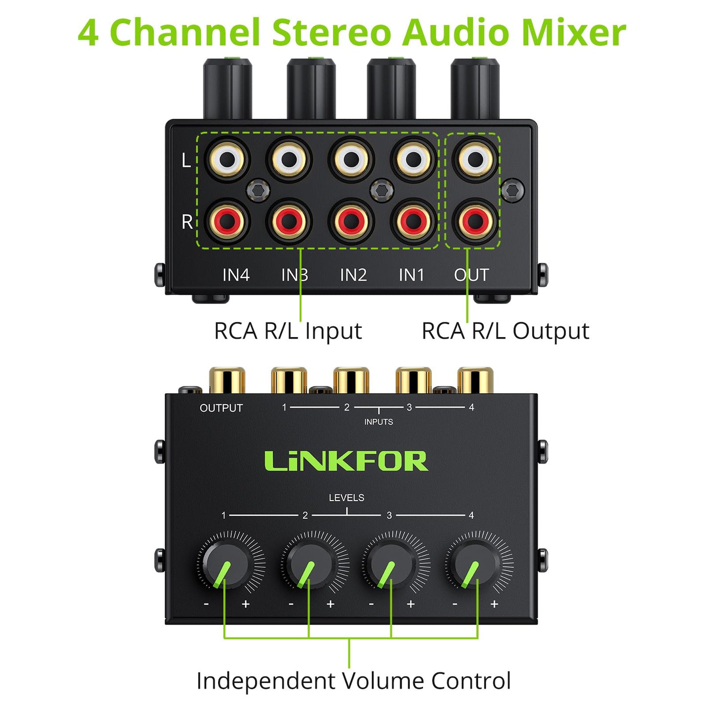 LiNKFOR 4 Channel Stereo Audio Mixer CX400 Metal Shell Support RCA Input and Output Mini Passive Stereo Mixer with Separate Volume Controls