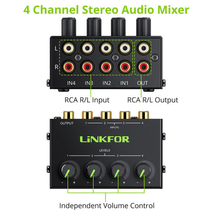 LiNKFOR 4 Channel Stereo Audio Mixer CX400 Metal Shell Support RCA Input and Output Mini Passive Stereo Mixer with Separate Volume Controls