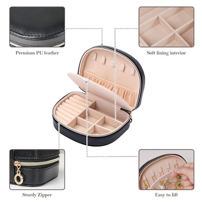 ProCase Travel Size Jewelry Box, Medium Portable Seashell-Shaped Jewelry Case, 2 Layer Jewelry Organizer in PU Leather for Women -Black