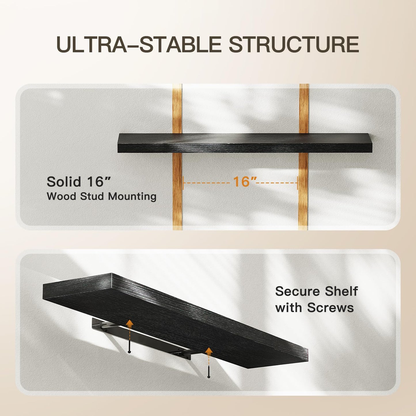 AMADA HOMEFURNISHING Floating Shelves for Wall, Wall Shelves for Living Room, Bedroom, Bathroom, Kitchen & Home Office Organization, Bathroom Shelves with Hidden Brackets, 22 lbs Max Load, AMFS44B