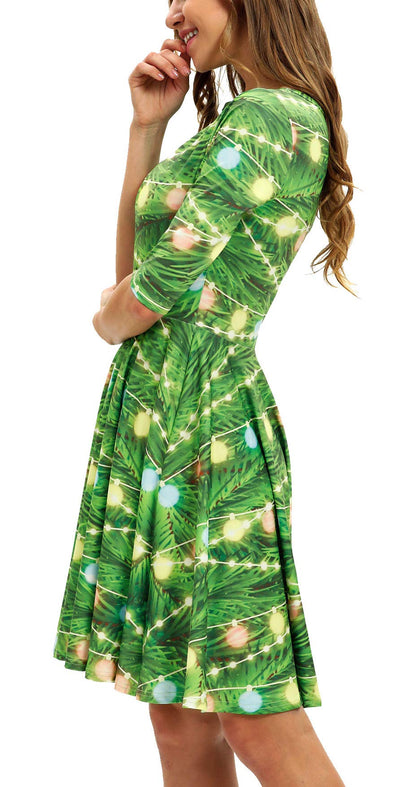 Ainuno Womens Teen Girls Green Christmas Dress Funny Cute Fit and Flare Dresses,Christmas Lights XL