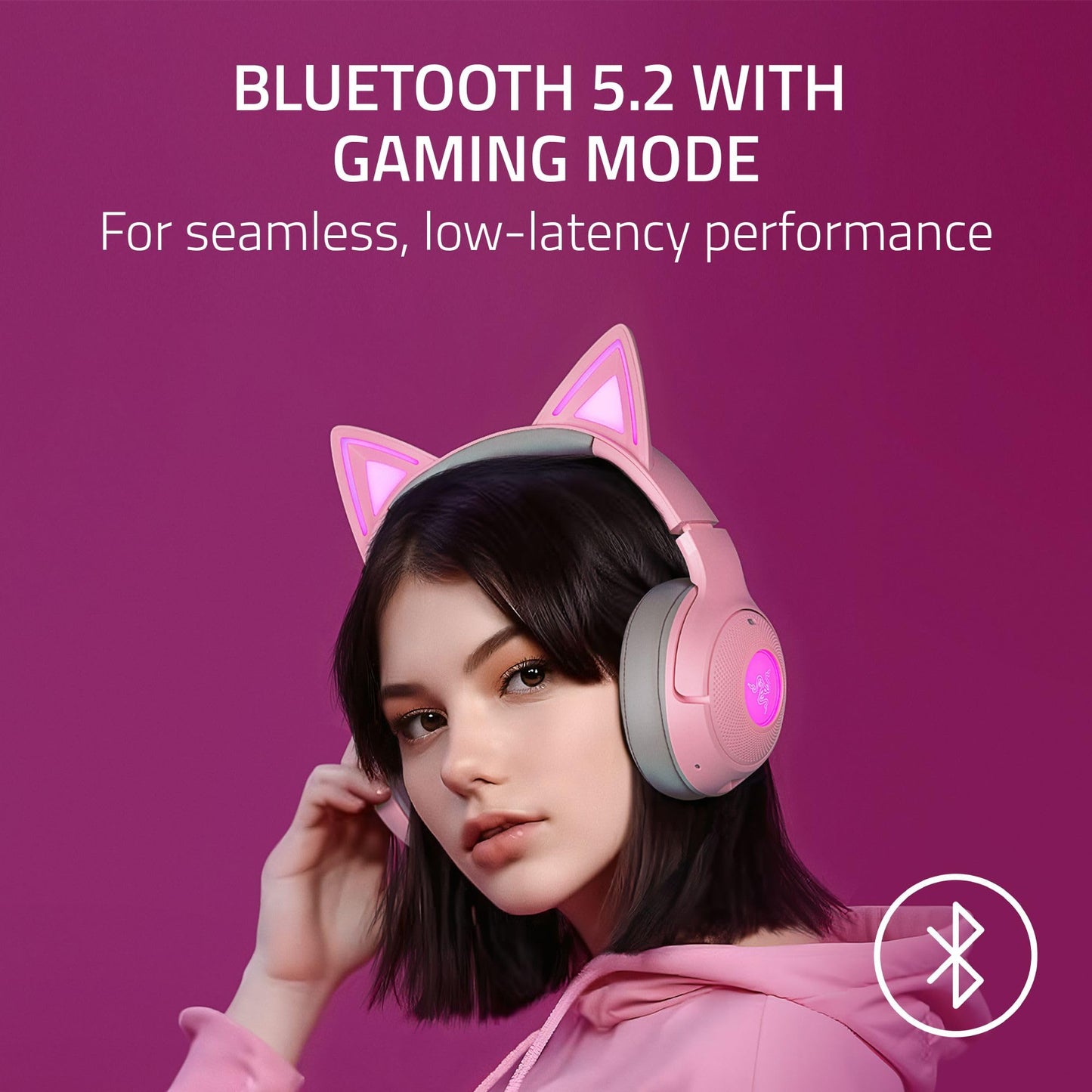 Razer Kraken Kitty V2 BT Wireless RGB Headset: Chroma RGB Kitty Ears & Earcups - Bluetooth 5.2-40 mm Drivers - Noise-Cancelling Mics - Lightweight - 40 Hr Battery w/Type C Charging - Quartz Pink