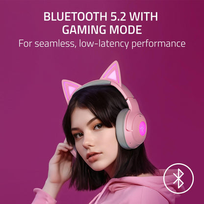 Razer Kraken Kitty V2 BT Wireless RGB Headset: Chroma RGB Kitty Ears & Earcups - Bluetooth 5.2-40 mm Drivers - Noise-Cancelling Mics - Lightweight - 40 Hr Battery w/Type C Charging - Quartz Pink