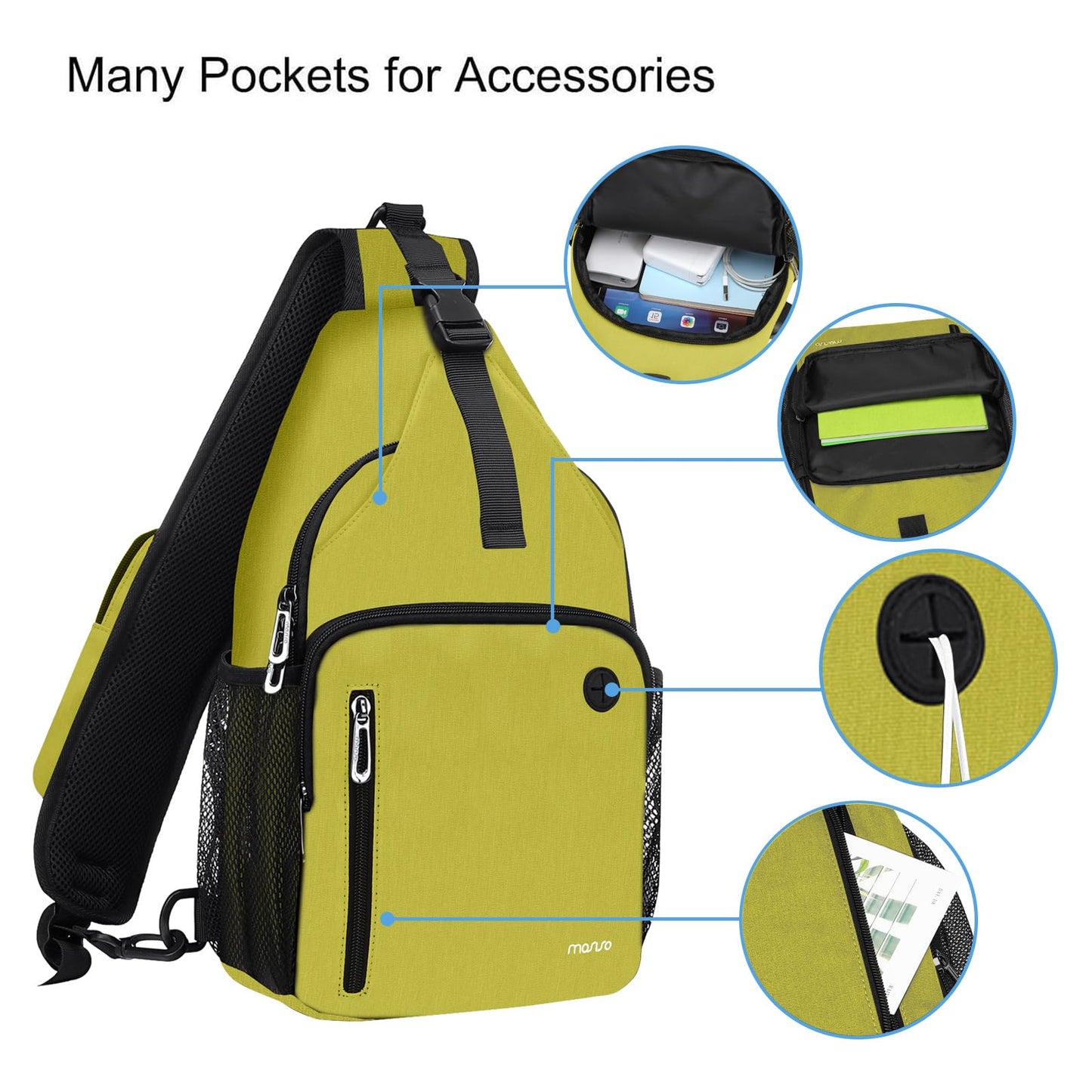 MOSISO Sling Backpack Bag, Crossbody Shoulder Bag Travel Hiking Daypack Chest Bag with Front Square Pocket&USB Charging Port, Yellow