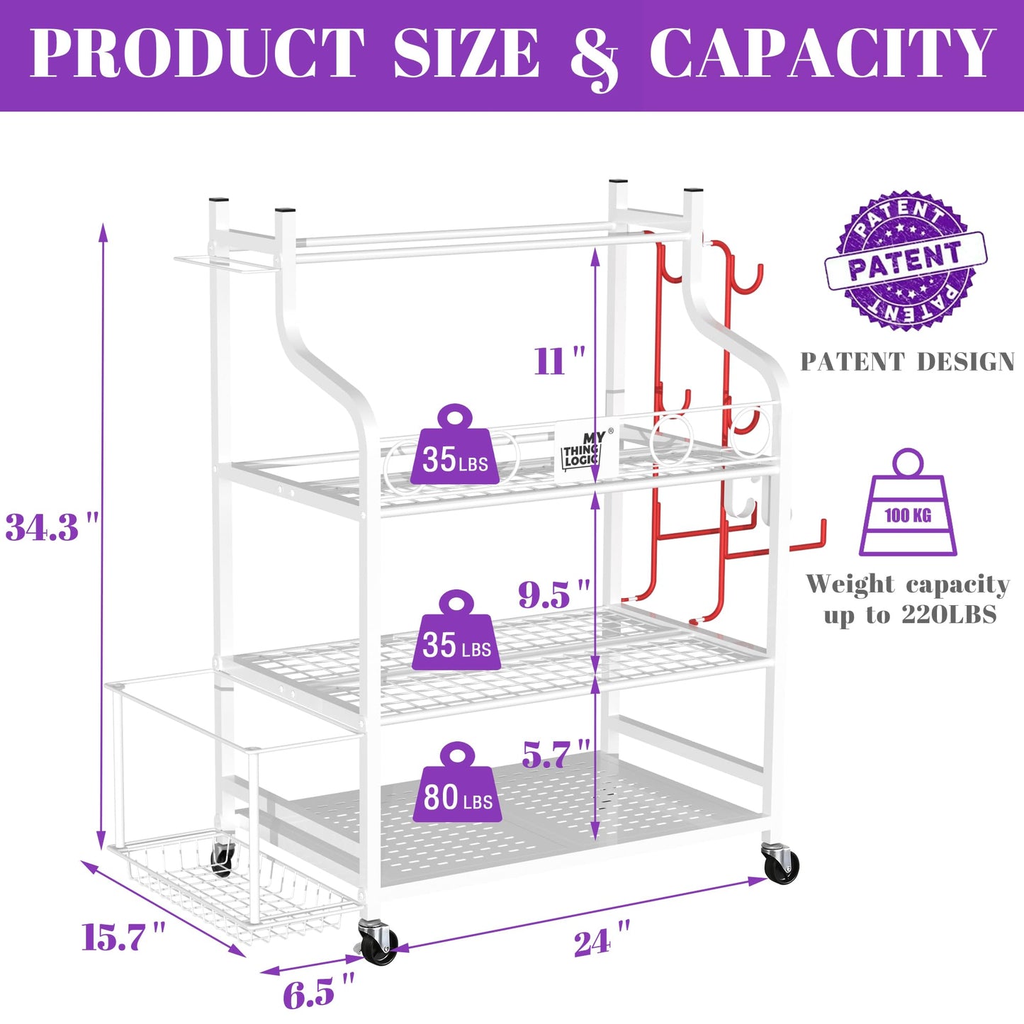 Mythinglogic Yoga Mat Storage Racks,Home Gym Storage Rack for Dumbbells Kettlebells Foam Roller, Yoga Strap and Resistance Bands, Workout Equipment Storage Organizer With Hooks and Wheels