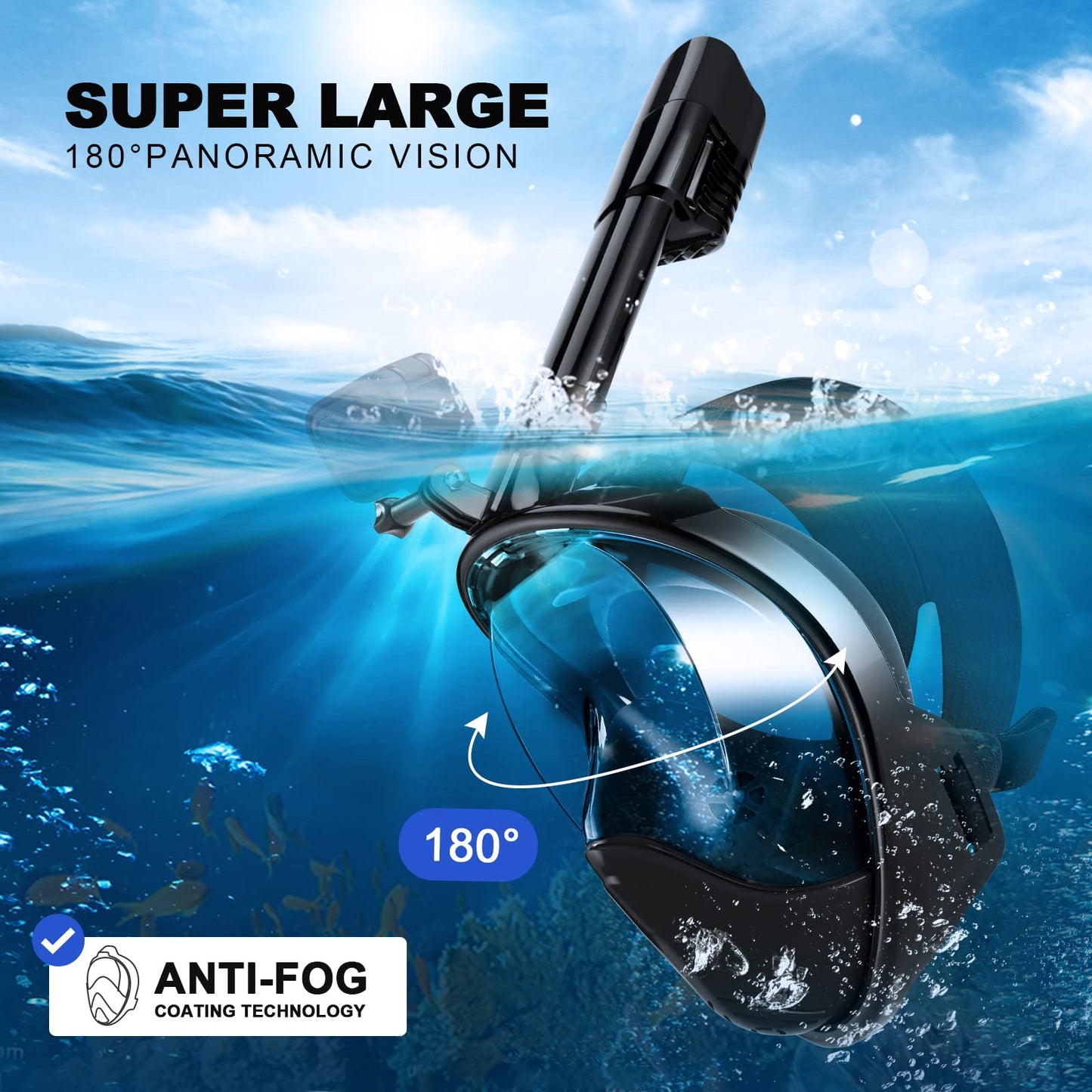 Odoland Snorkeling Packages, Full Face Snorkel Mask for Adults & Youth with Camera Mount, Adjustable Swim Fins, Anti-Fog Anti-Leak Diving Gear for Men Women Teens, Black, S/M