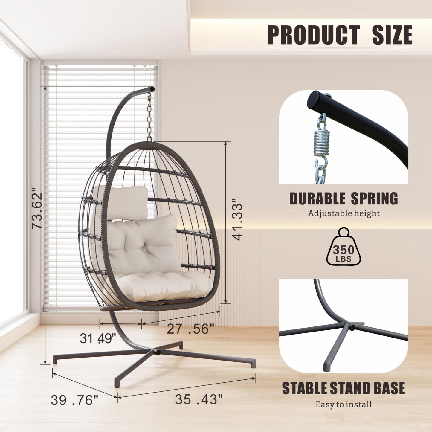 HWB Hanging Egg Chair with Stand, Patio Wicker Hammock Egg Swing Chair with Cushion for Bedroom Garden Indoor Outdoor (Beige)