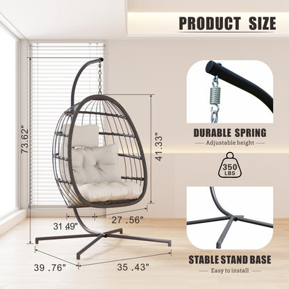 HWB Hanging Egg Chair with Stand, Patio Wicker Hammock Egg Swing Chair with Cushion for Bedroom Garden Indoor Outdoor (Beige)