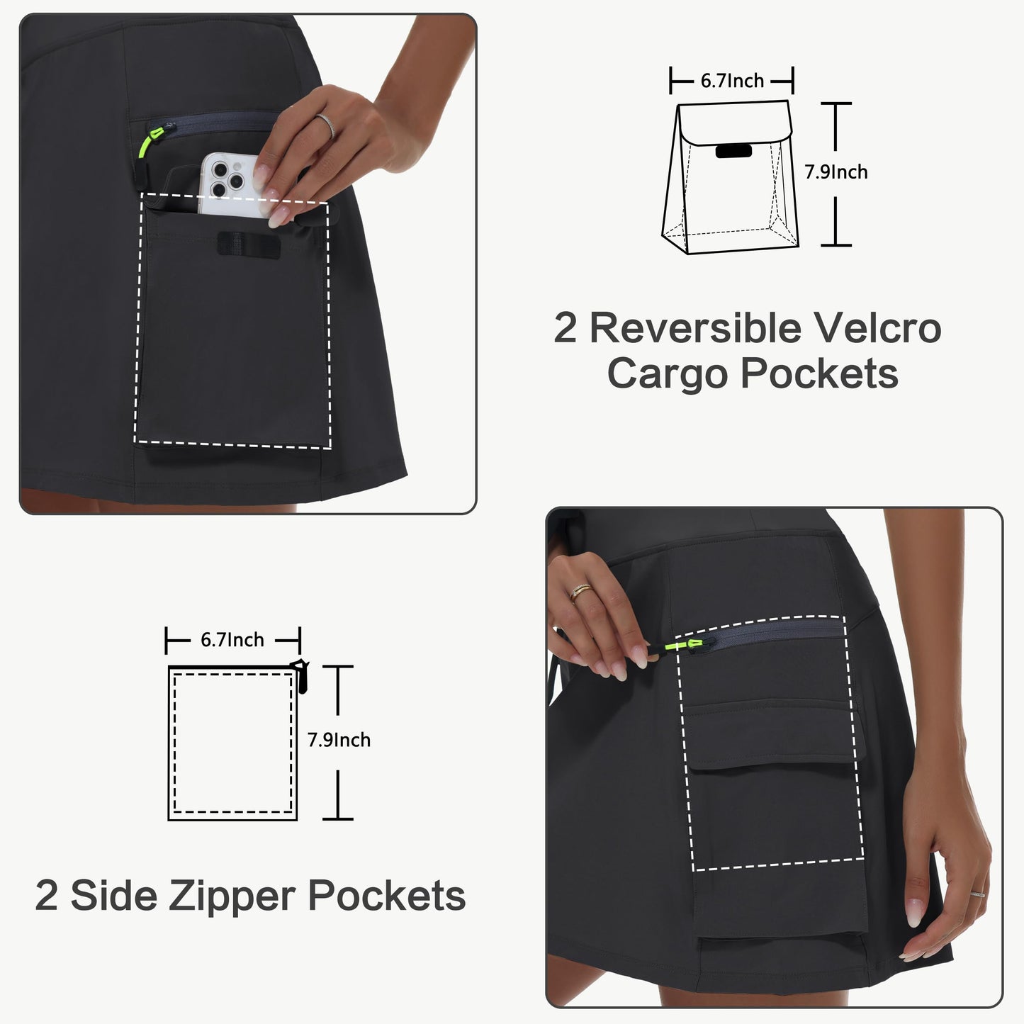 MIVEI Women's Hiking Cargo Skort Skirt High Waisted Golf Dressy Casual with Zipper Pockets Workout Sport Quick Dry Skirts Black