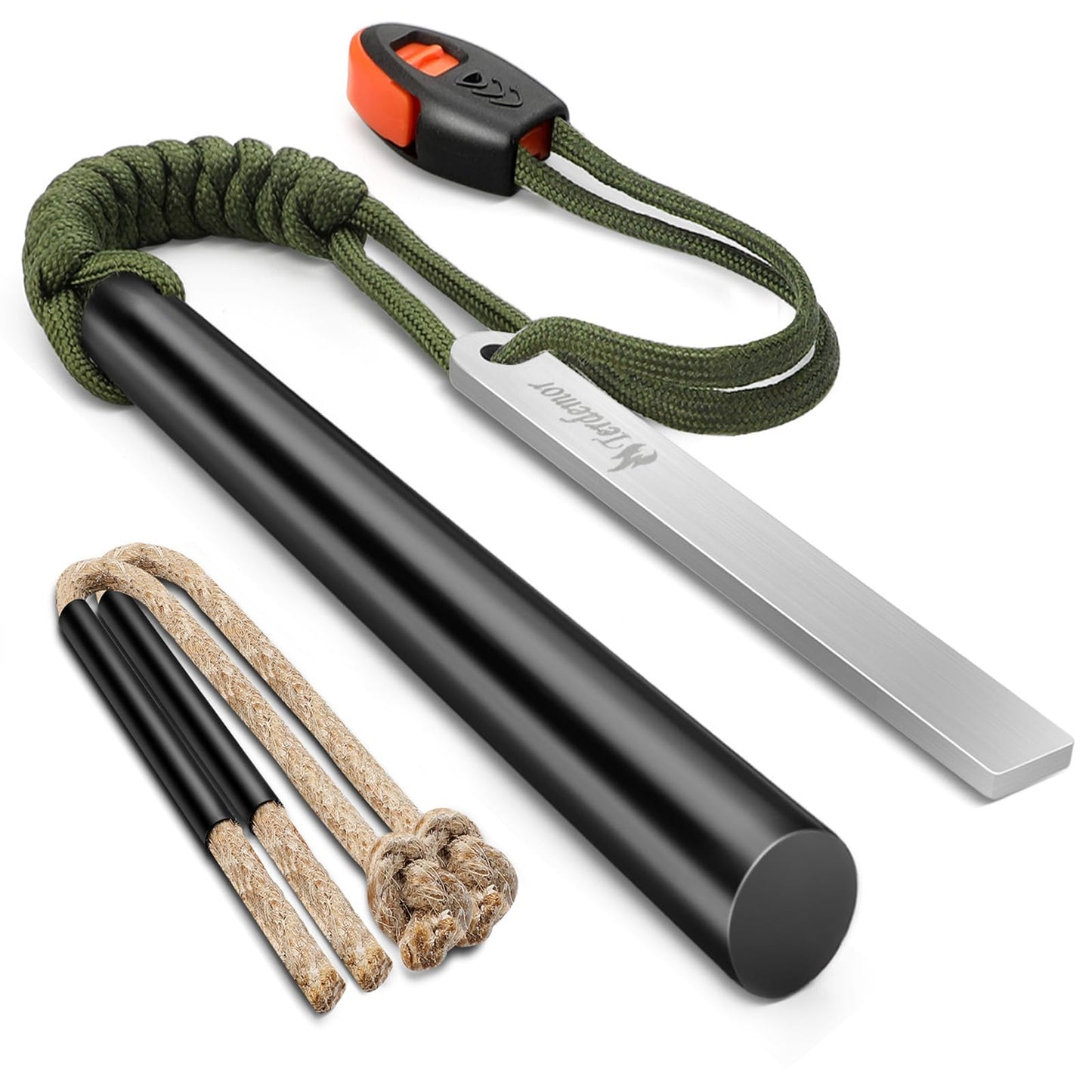 Ferro Rod Fire Starter Kit – 5" Flint and Steel with Two Waxed Tinder Cord & Paracord for Camping, Hiking, Outdoor Survival, Emergency Preparedness