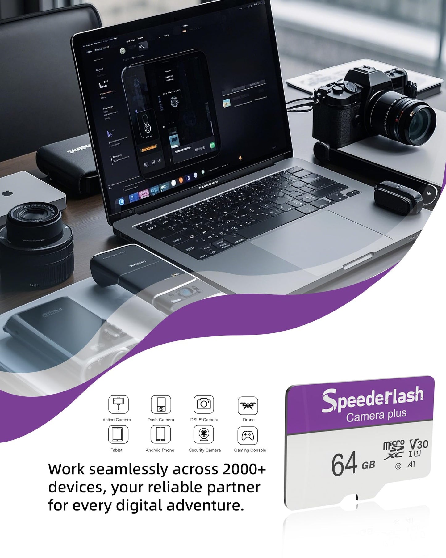 Micro SDXC Memory Card 64GB, Speederlash Camera Plus TF Card with Adapter, Up to 90MB/s Read Speed, 4K UHD&5K Video Support, U1 V30 A1 Rated, Waterproof, for Security Camera, Dashcam, Drones