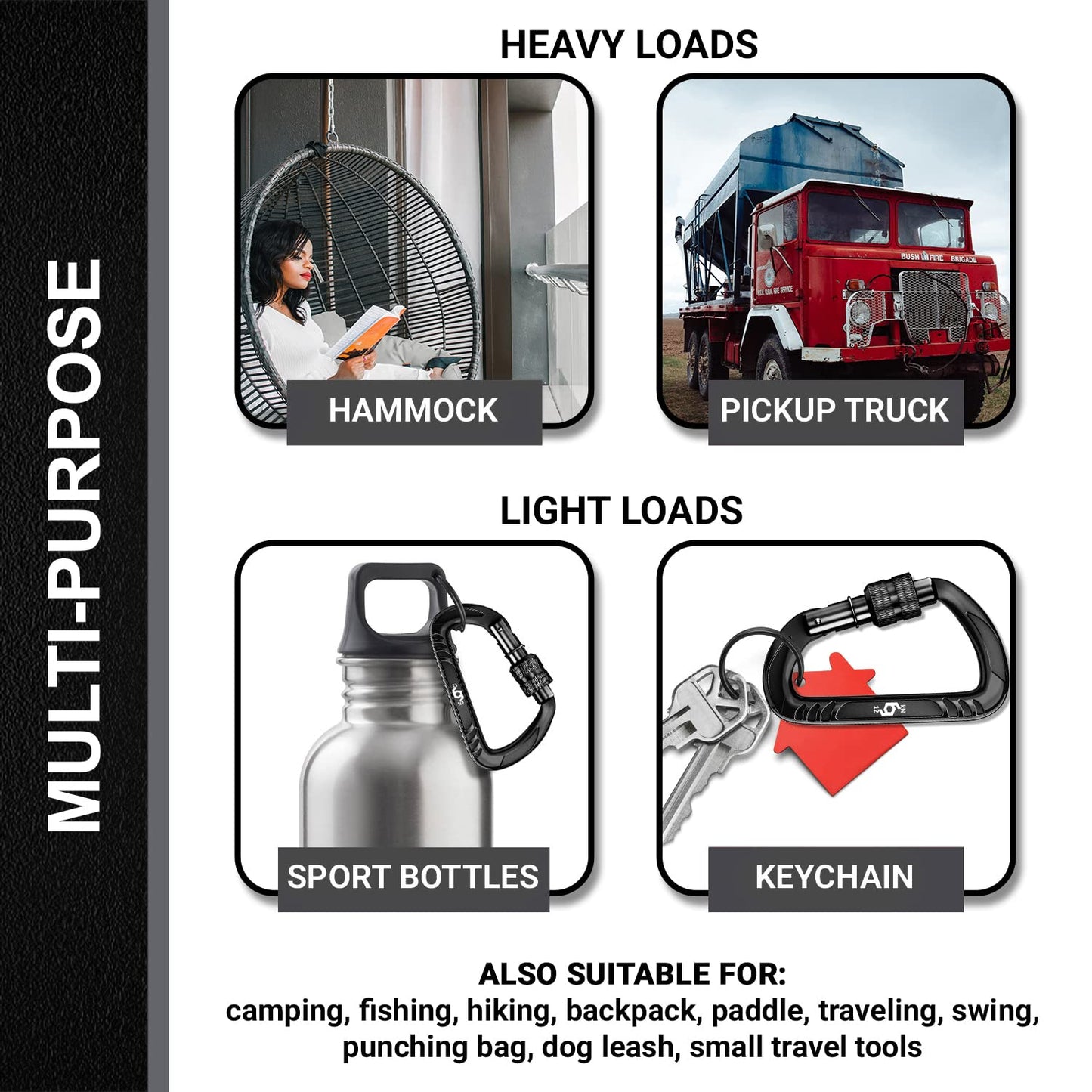 RHINO Produxs 12kN (2697 lbs) Heavy Duty, Locking, Auto Locking, Wiregate Carabiner Clips, for Securing Pets, Outdoor, Camping, Hiking, Hammock, Dog Leash Harness, Keychains