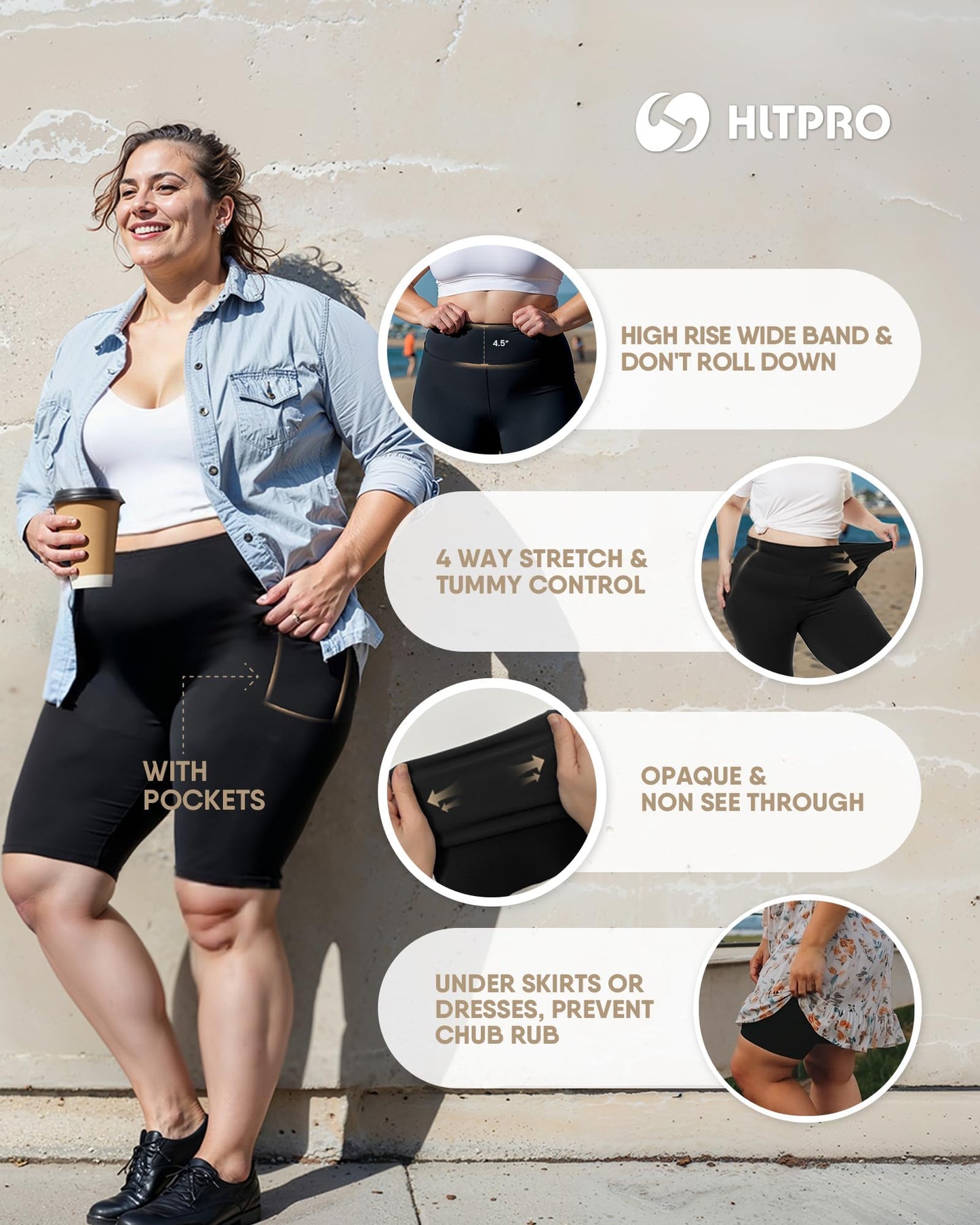 HLTPRO 3 Pack Plus Size Biker Shorts with Pockets for Women - 8" High Waisted Spandex Athletic Bike Shorts for Yoga Workout