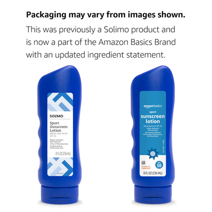 Amazon Brand - Solimo Sport Sunscreen Lotion, SPF 50, Reef Friendly (Octinoxate & Oxybenzone Free), Broad Spectrum UVA/UVB Protection, 8 Fluid Ounce