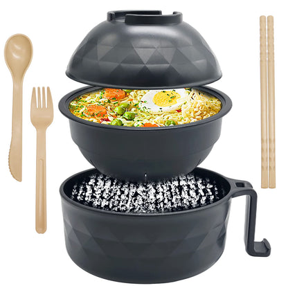 Lshfwn 33oz Microwave Ramen Cooker,Ramen Bowl Set,Instant Noodles Bowl with Chopsticks,Rapid Ramen Cooker with Handles for College Dorm Room Apartment Essentials Dishwasher-Safe,Black
