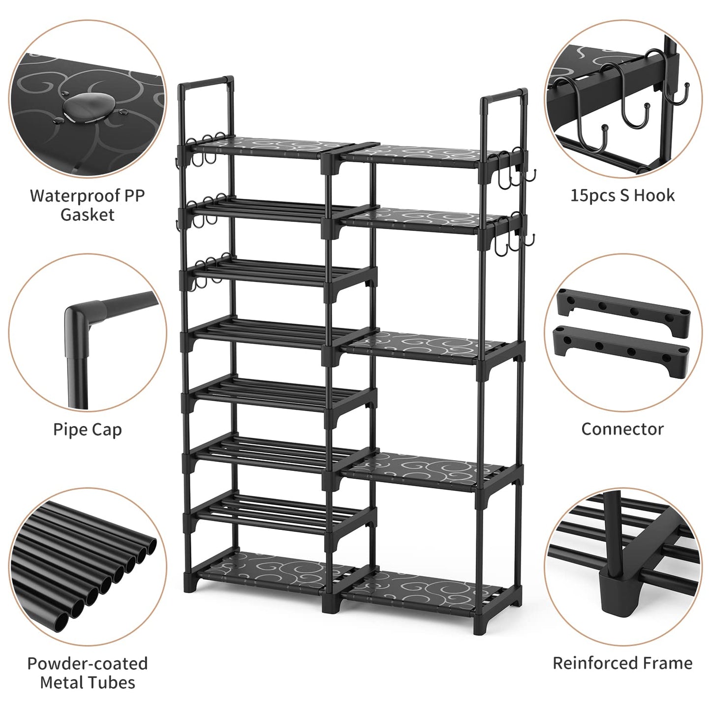ROJASOP Shoe Rack Organizer, 8-Tier Metal Shoe Rack for Closet Entryway Garage, 26-32 Pairs Tall Shoe Boot Storage Shelf with 15 Hooks, Stackable Large Shoe Stand