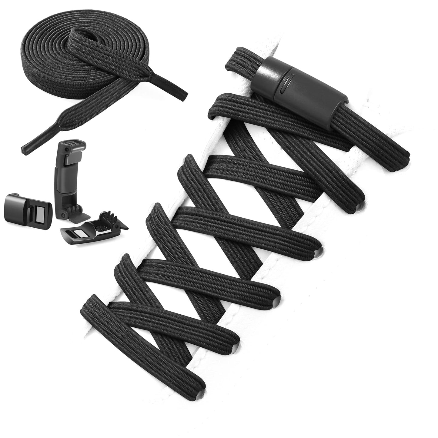 Neo-wows Flat Elastic No Tie Shoe Laces for Sneakers, Stretch Tieless Shoelaces for Kids & Adults, Flat Shoes Strings Black