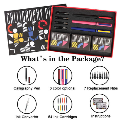 GC QUILL Calligraphy Pens Set 64pcs - Calligraphy Fountain Pen Set with 3 Fountain Pens, 7 Varied Nibs, 54 Ink Cartridges(10 Colors) - Writing, Drawing and Calligraphy Practice for beginner GC-F354