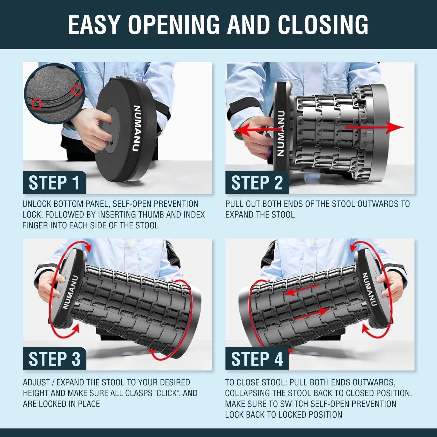 NUMANU 2-Pack 2025 Upgraded Collapsible Stool & Dual Carry Bag + Clips, Max 620lb Portable Folding Stool, Height Adjustable Retractable Telescopic Seat, Travel Chair, Foldable Camping Seat or Footrest