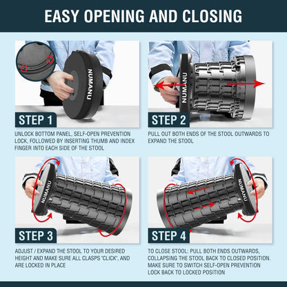 NUMANU 2-Pack 2025 Upgraded Collapsible Stool & Dual Carry Bag + Clips, Max 620lb Portable Folding Stool, Height Adjustable Retractable Telescopic Seat, Travel Chair, Foldable Camping Seat or Footrest