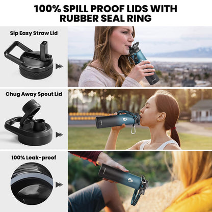 RAYMYLO Insulated Water Bottle 24oz, Triple Wall Vacuum Stainless Steel (Cold for 48 Hrs, Hot for 24Hrs), Leak Proof & Non-BPA, 24oz Hydro Water Flask with Paracord Handle & Straw Spout Lids