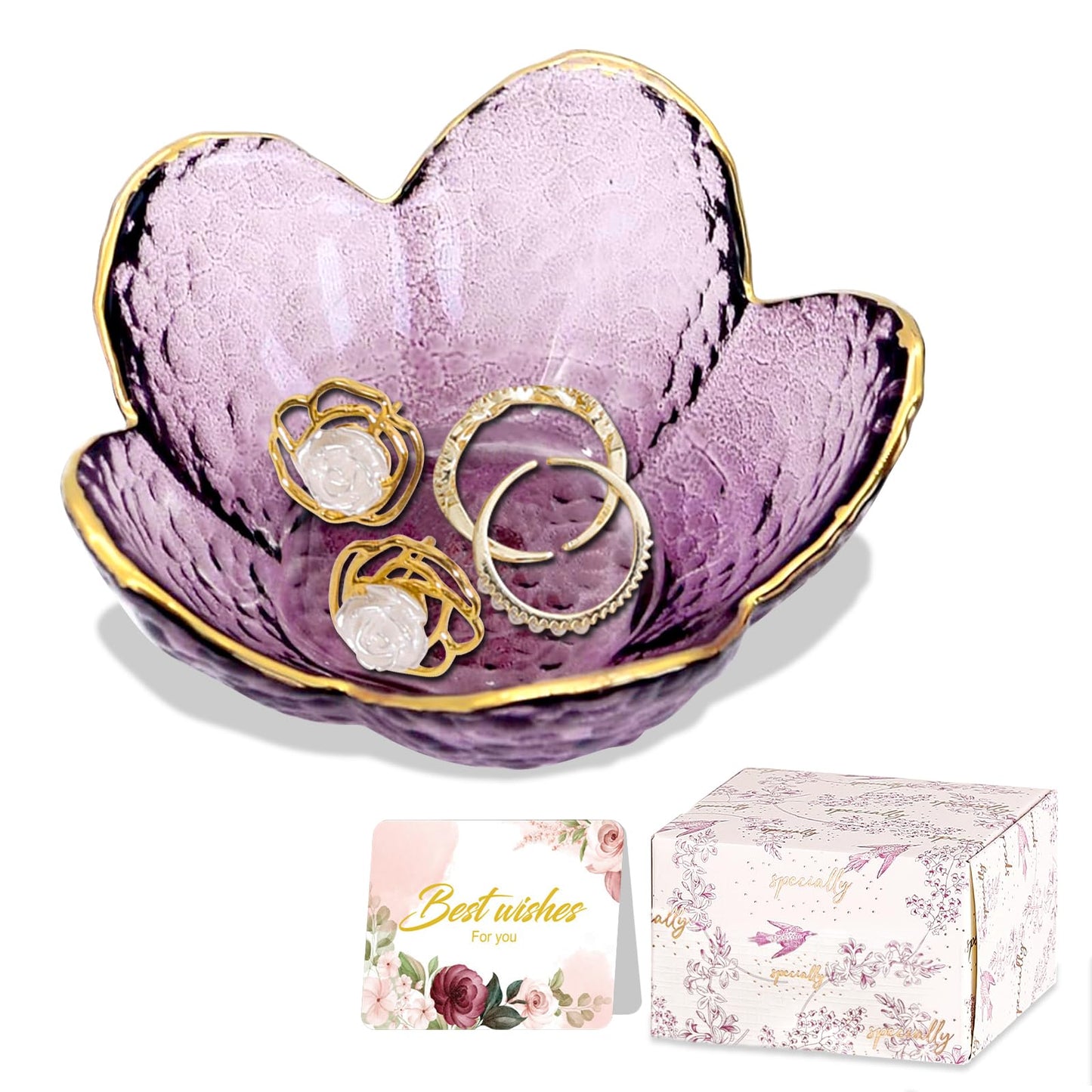 Purple Flower Jewelry Dish Glass Ring Dish Jewelry Tray Cute Vanity Organiser Room Decor Aesthetic Nightstand Bathroom Decor Trinket Dish Ring Holder Valentine's Friendship Birthday Gifts for Women