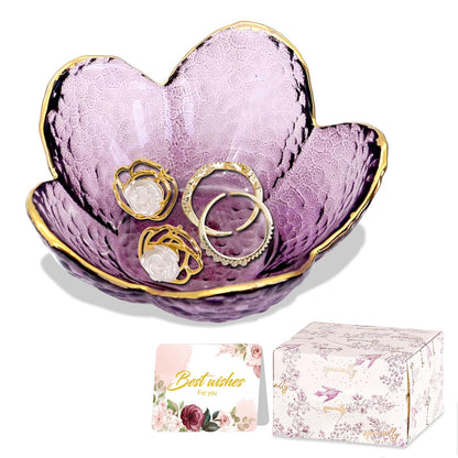 Purple Flower Jewelry Dish Glass Ring Dish Jewelry Tray Cute Vanity Organiser Room Decor Aesthetic Nightstand Bathroom Decor Trinket Dish Ring Holder Valentine's Friendship Birthday Gifts for Women