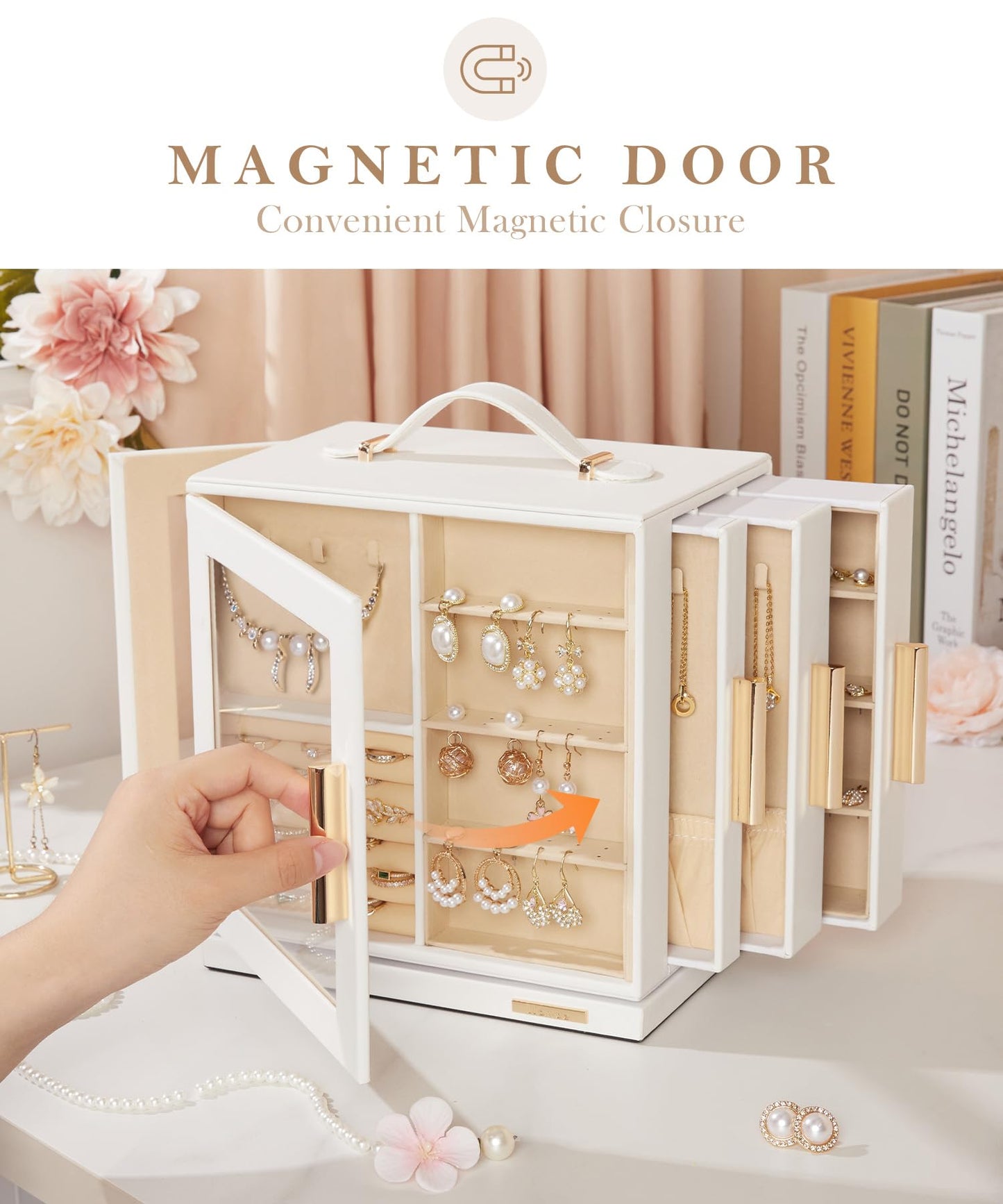 Homde Jewelry Box 360° Rotating, Necklace Earring Organizer with Transparent Window, Mirror, 7 Drawers, Large Ring Display Storage Case for Girls Women (White)