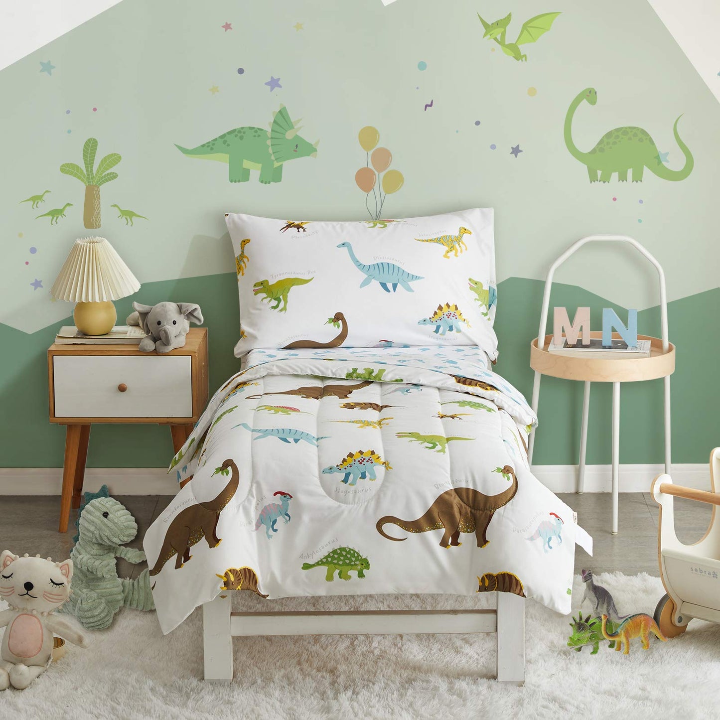 4 Pieces Toddler Bedding Set Dinosaur White with Colorful Dinos and Monsters Toddler Comforter Sheet Set for Autumu and Winter Includes Comforter, Flat Sheet, Fitted Sheet and Pillowcase