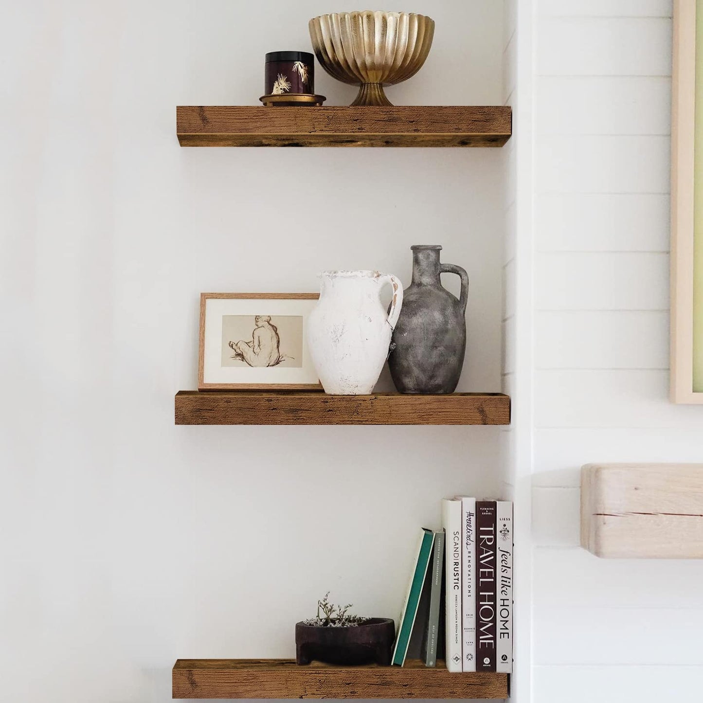 QEEIG Floating Shelves for Wall Bathroom Shelf Bedroom Kitchen Living Room Hanging Book Shelves Small Farmhouse Decor 16 inch Set of 3, Rustic Brown (015-BN3)