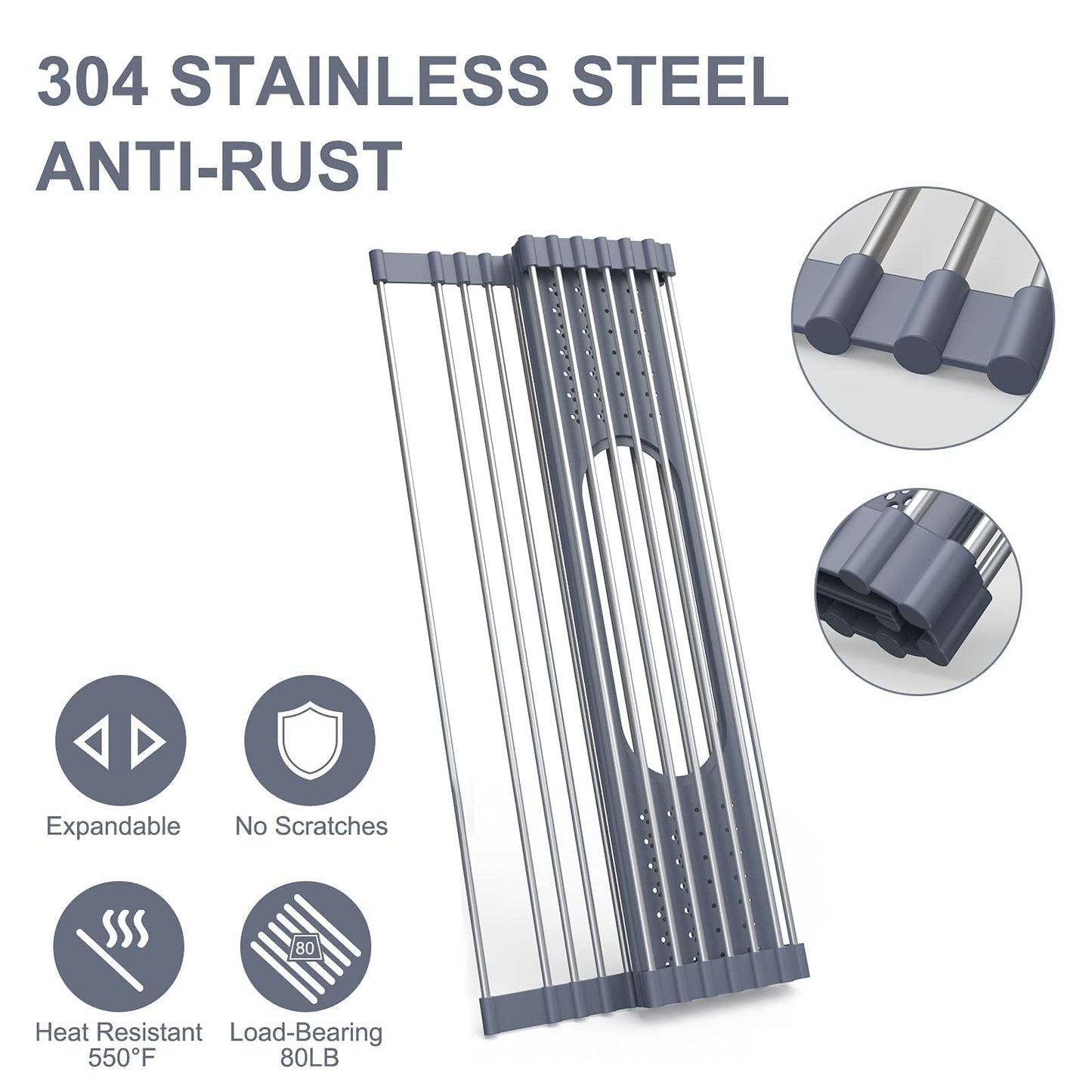 LEMIKKLE Roll Up Dish Drying Rack 17.5" x 15.2" Over The Sink Dish Drying Rack, Multi-Purpose Kitchen Rolling Dish Drainer Foldable SUS 304 Stainless Steel Dish Drying Rack