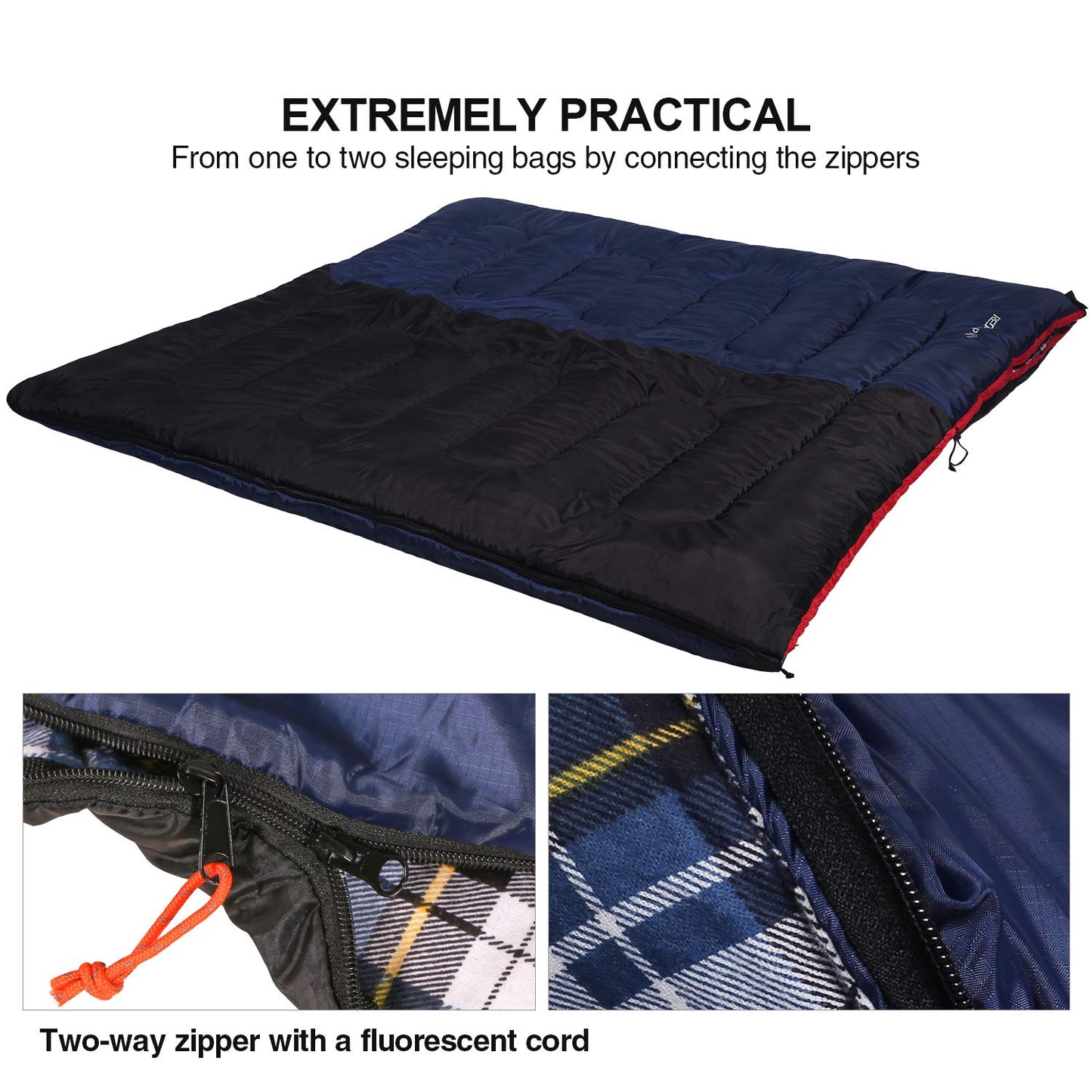 REDCAMP Outdoors Cotton Flannel Sleeping bag for Camping Hiking Climbing Backpacking, 3-season Trip Warm S Envelope Sleeping Bags 75 by 33 Inches (Navy Blue with 2lbs Filling)