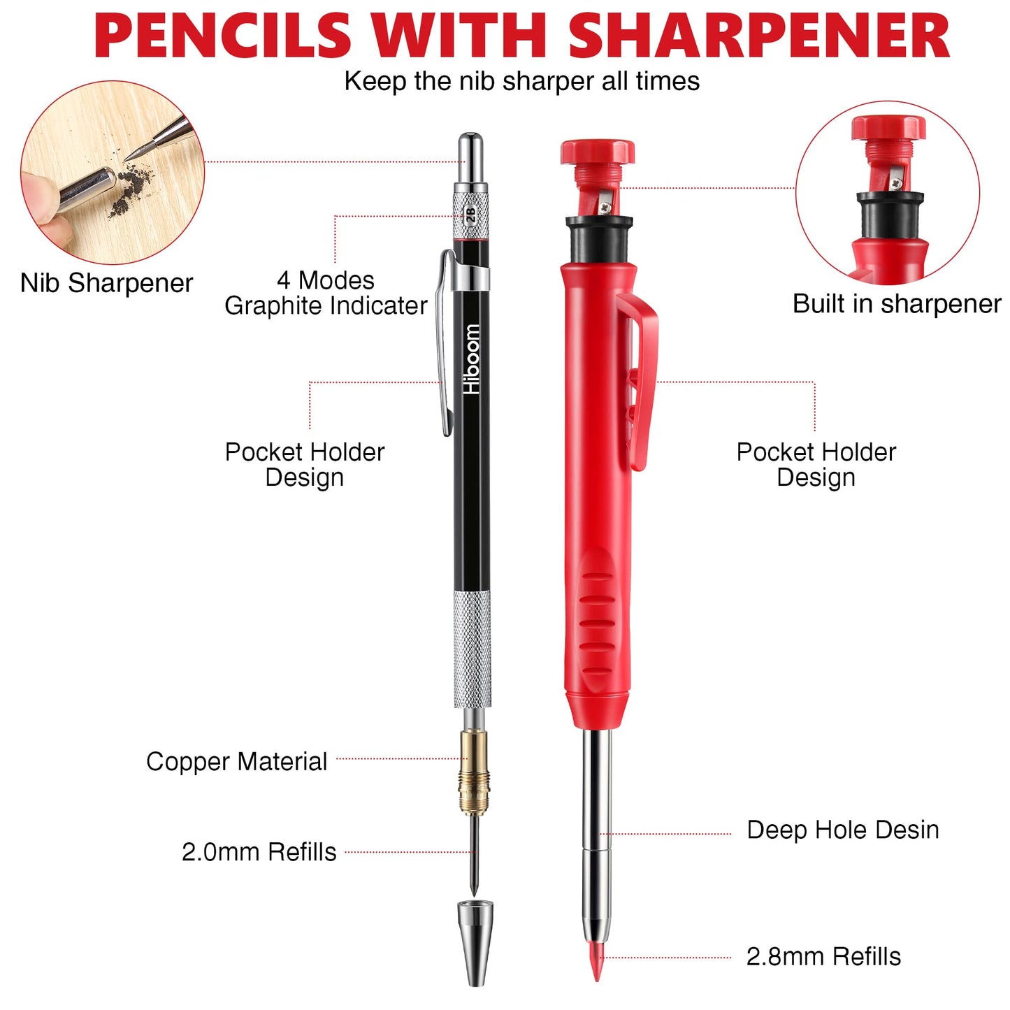 Hiboom 10 Pack Mechanical Carpenter Pencils Set with Sharpener & 36PCs 2.8mm Refills, Deep Hole Marker Pen, Automatic Center Punch, Carbide Scribe Tool, Heavy Duty Construction Pencil for Architect