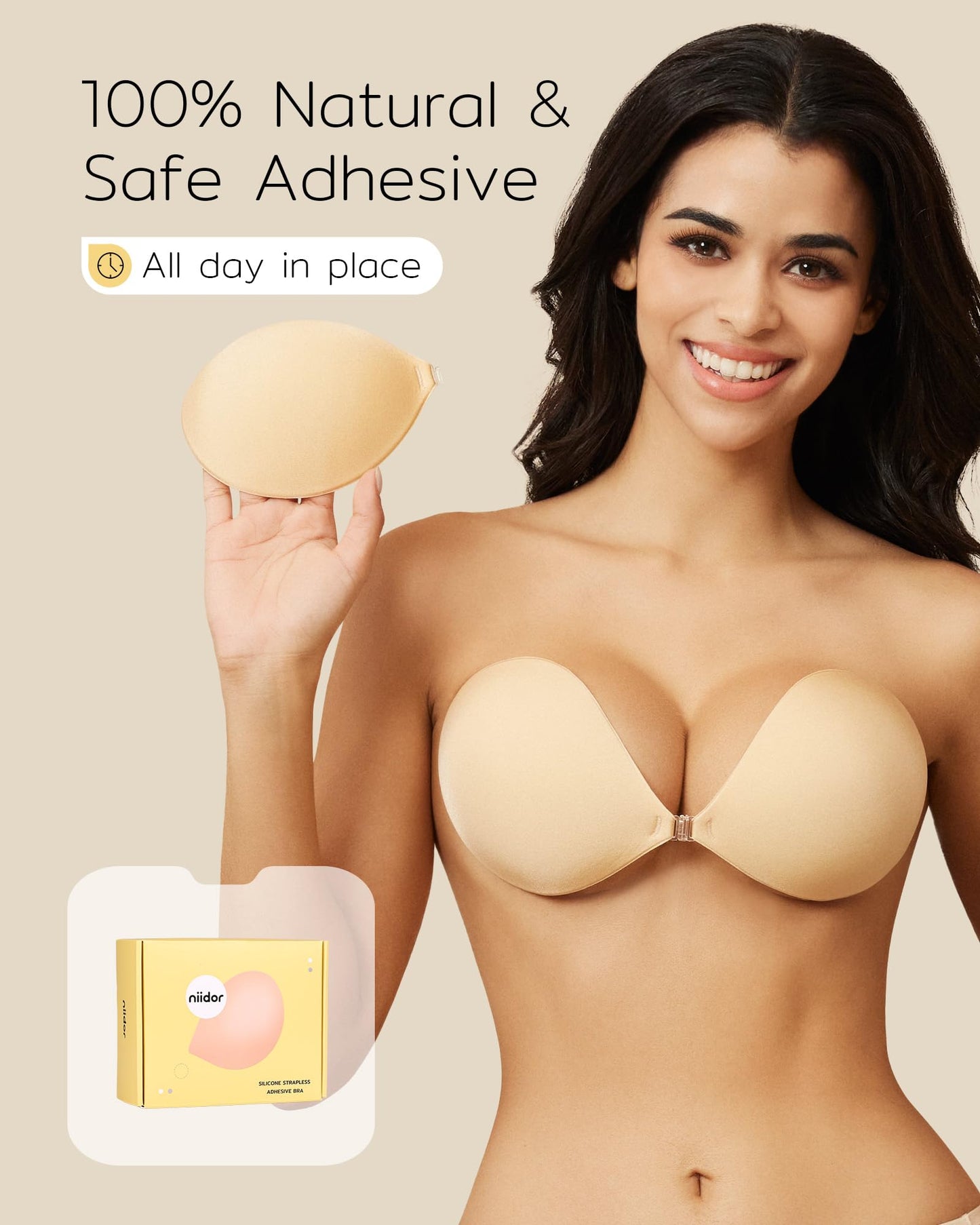 Niidor Adhesive Bra Strapless Sticky Invisible Push up Silicone Bra for Backless Dress with Nipple Covers Nude(B Cup)