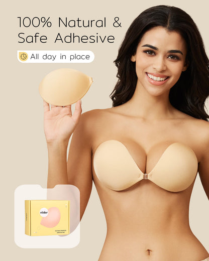 Niidor Adhesive Bra Strapless Sticky Invisible Push up Silicone Bra for Backless Dress with Nipple Covers Nude(B Cup)