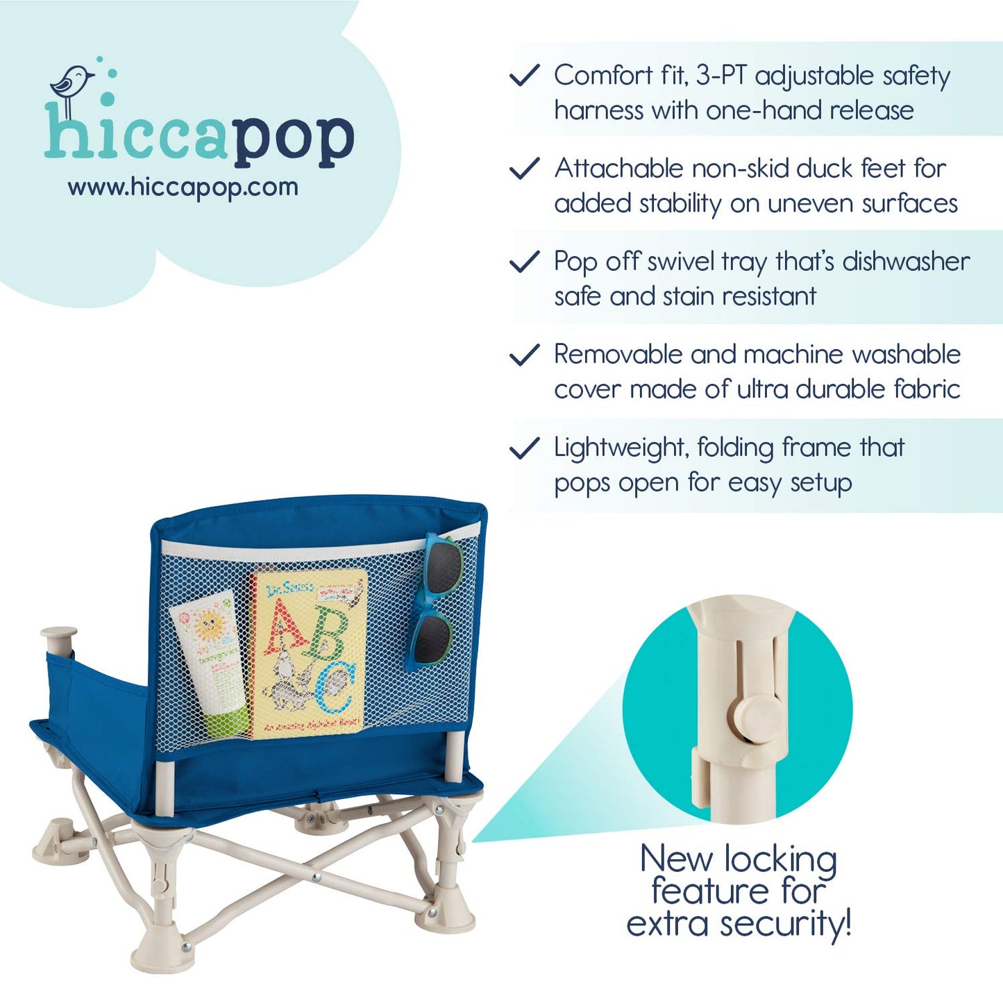 Hiccapop OmniBoost Travel Booster Seat with Tray for Baby | Folding Portable Baby Booster Seat for Dining Table, Camping, Beach, Grandma’s | Tip-Free Design Straps to Kitchen Chairs - Booster Chair