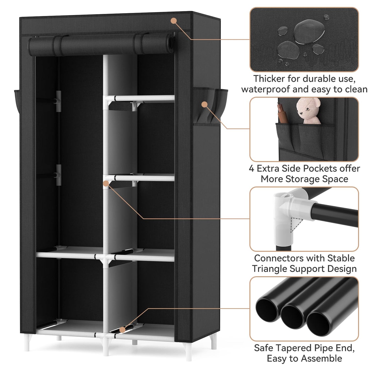 ROJASOP Portable Closet Wardrobe Closet for Hanging Clothes with 6 Storage Shelves, 1 Hanging Rod and 4 Pockets, Free Standing Closet Clothes Organizer for Bedroom, Sturdy and Easy Assemble