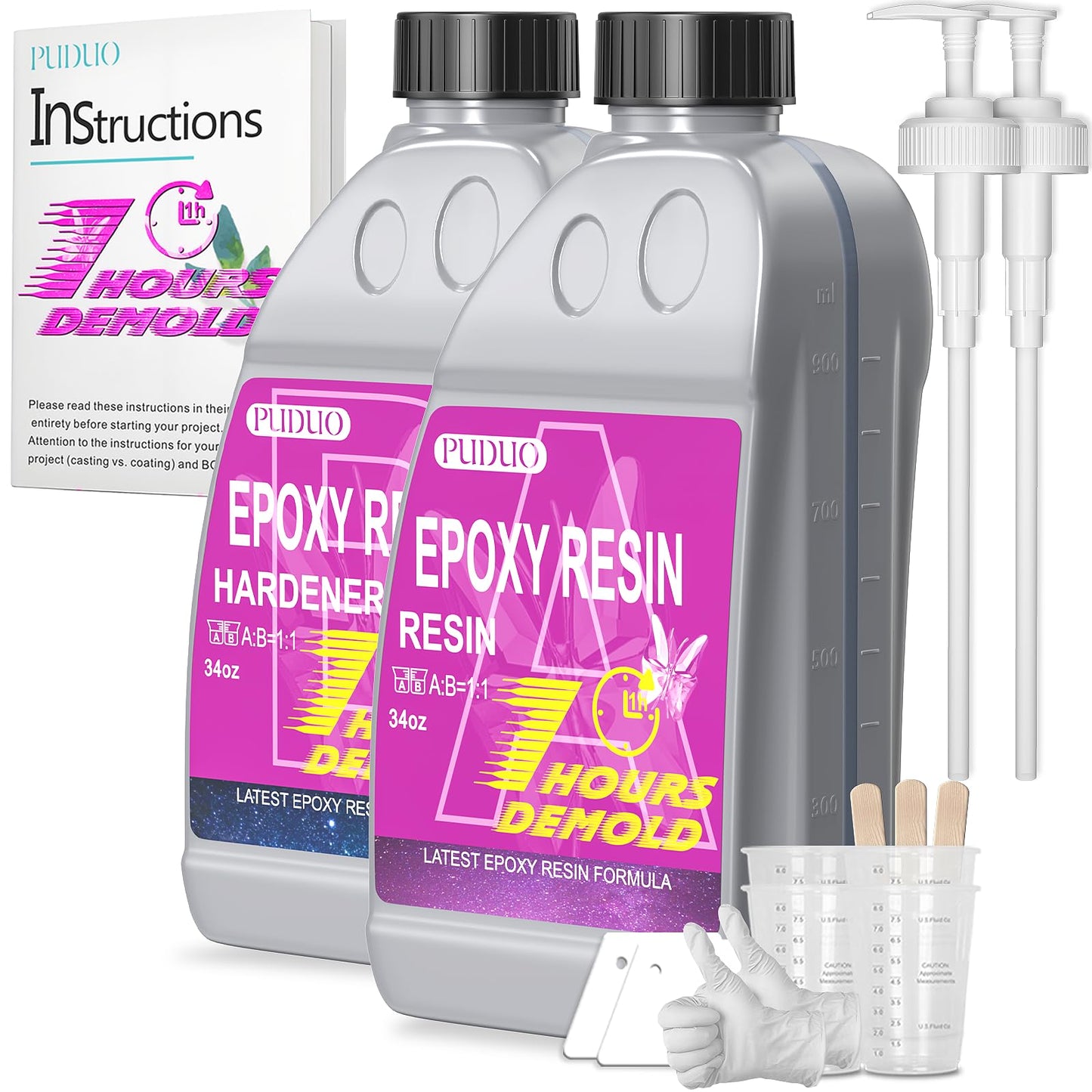 Puduo Fast Cure Epoxy Resin 68OZ, 1 Hour Quick Demold Epoxy Resin Kit, Crystal Clear, Strong, Anti-Yellowing Art Resin, Suitable for Casting, DIY, Resin Art, Molds, Jewelry, Easy to Mix 1:1 Ratio