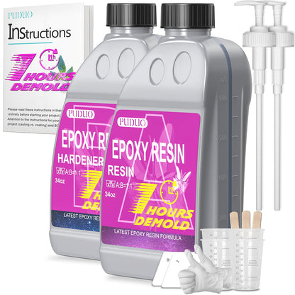 Puduo Fast Cure Epoxy Resin 68OZ, 1 Hour Quick Demold Epoxy Resin Kit, Crystal Clear, Strong, Anti-Yellowing Art Resin, Suitable for Casting, DIY, Resin Art, Molds, Jewelry, Easy to Mix 1:1 Ratio