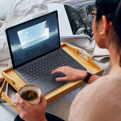 2 Pack Breakfast in Bed Tray for Eating, 16.92 x 12.6 Inch Bed Table Tray with Folding Legs & Handles, Bamboo Food Lap Trays Fits for Adult Kids Eating/TV/Surgery Recovery by Easoger. Set of 2