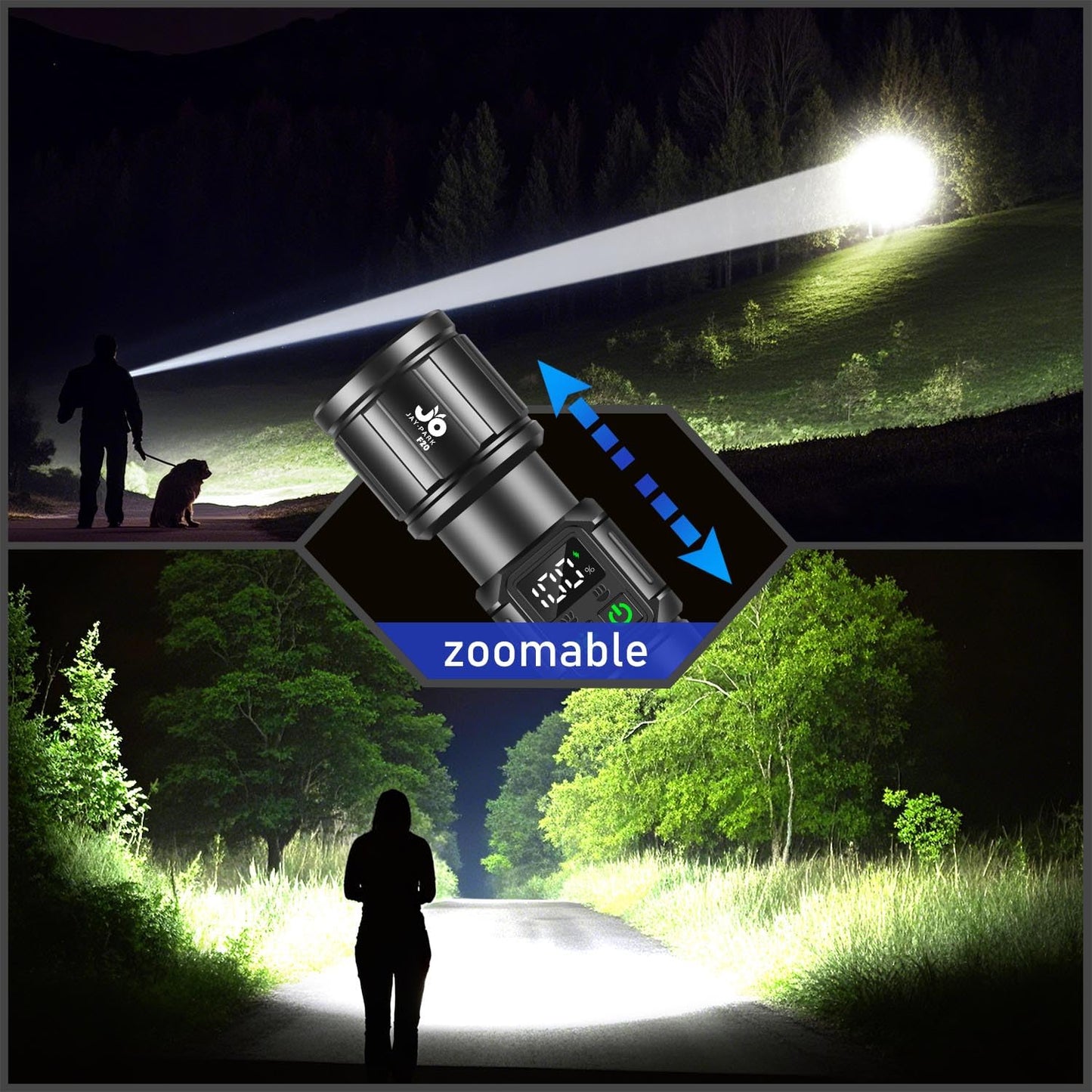 JAY-PARK Flashlights High Lumens, Rechargeable Flashlight 10000 Lumens with Magnetic, Bright Flash Light 9 Modes with 5000 mAh Battery, Tactical Flashlight for Camping, Hiking, Dog Walking
