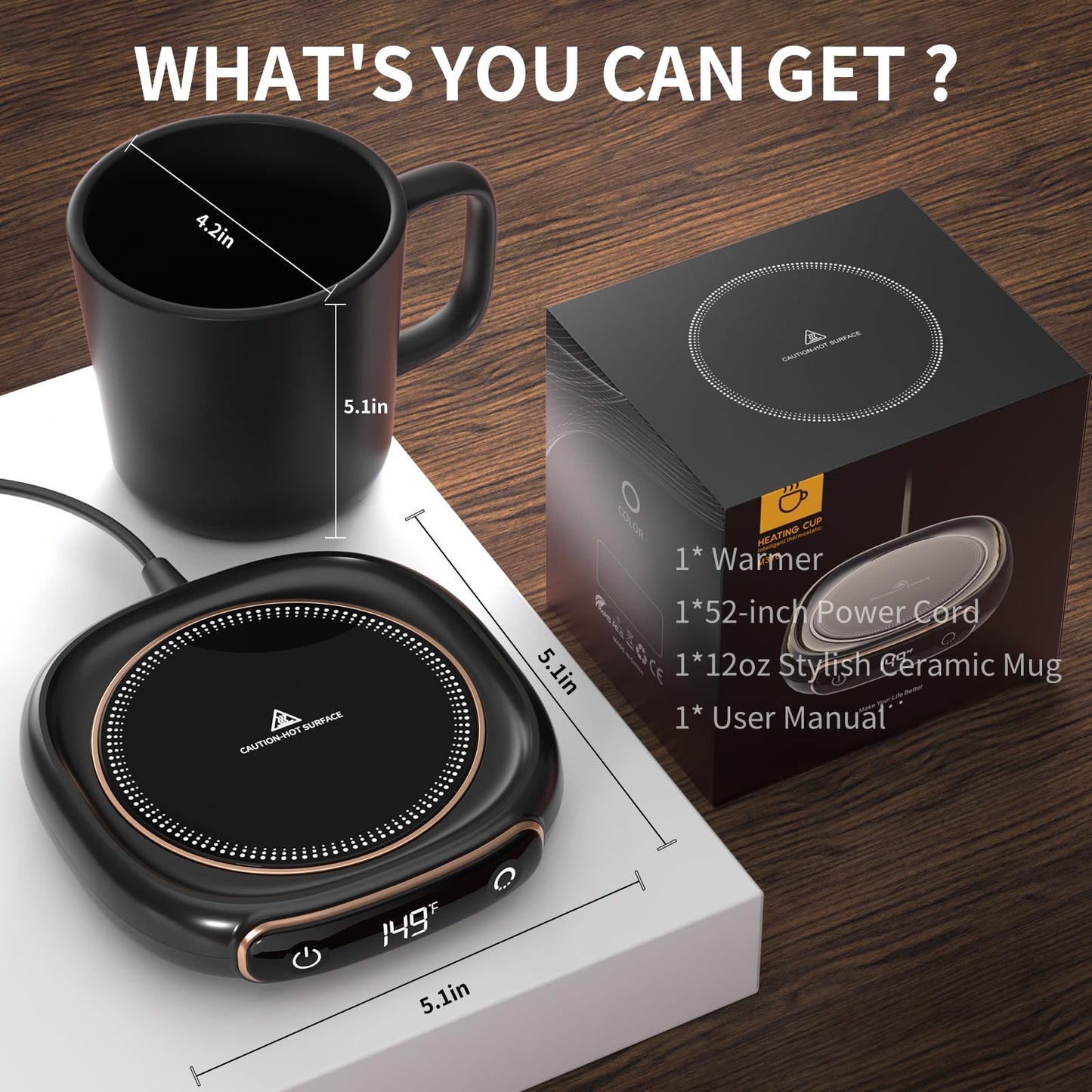 Lerat Coffee Mug Warmer & Mug Set for Desk, Electric Coffee Cup Warmer with Auto Shut Off, 3 Temperature Setting Smart Cup Warmer for Heating Coffee, Milk, Beverage, Candle Jar (Black), 12oz