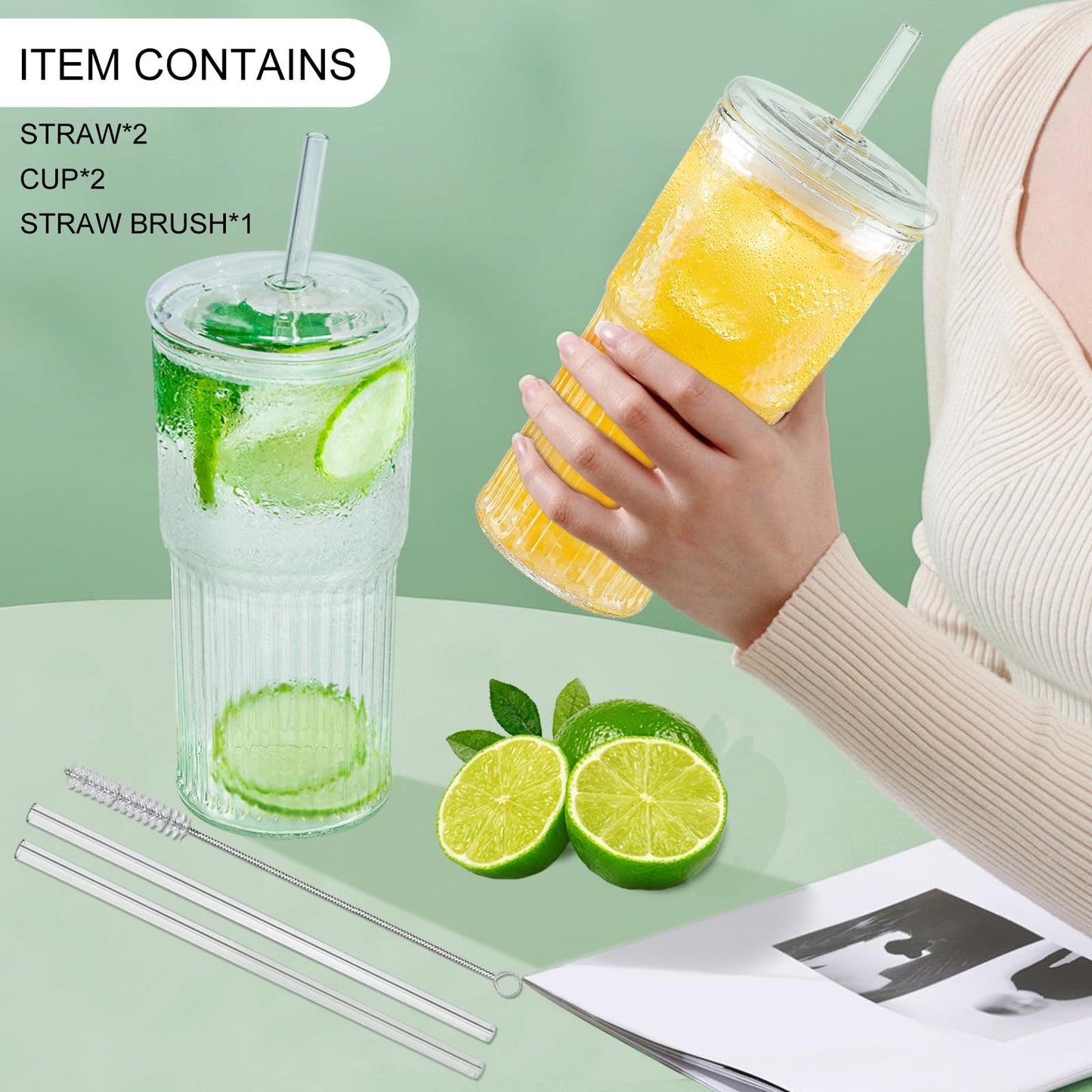 Luiaiog Glass Cups with Lids and Glass Straws, High Borosilicate 20OZ Tumblers (2Pcs) for Coffee, Tea, Juice, Smoothies, Hot/Cold Drinks at Home, Office