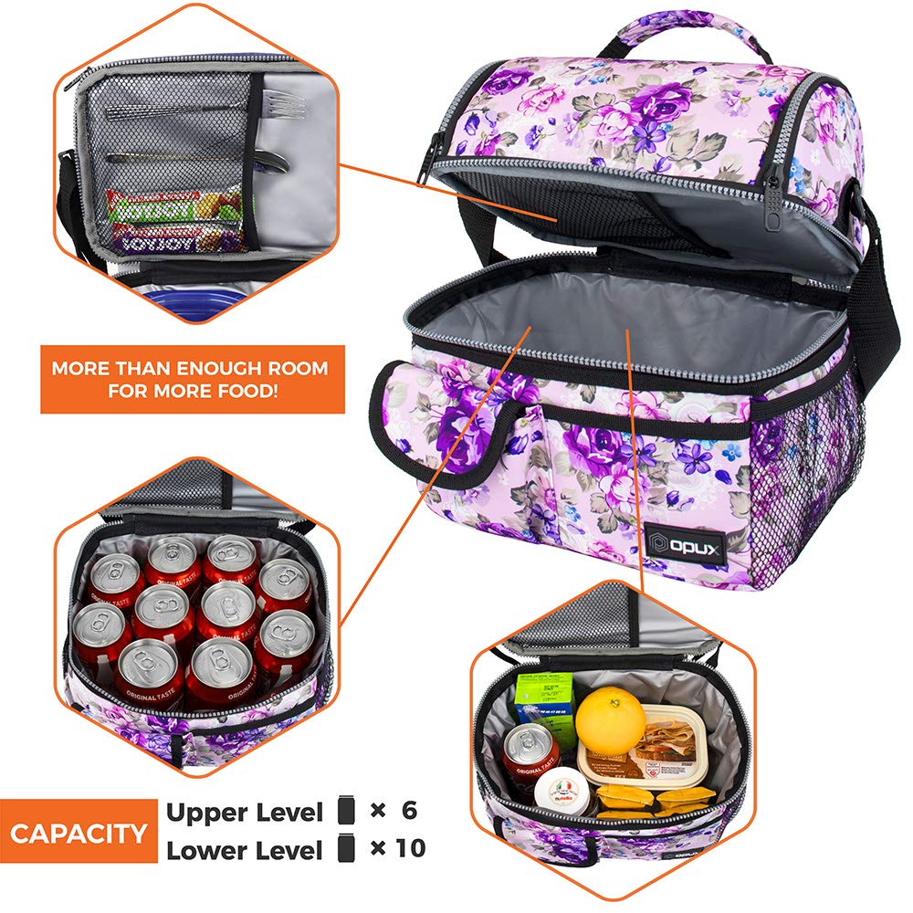opux Lunch Bag Women Insulated, Adult Lunch Box Cooler, Flower Lunch Box, Dual Compartment Lunchbox for Work, Leakproof Double Decker Lunch Bag, Soft Lunch Pail Tote Girls Kids School, Floral Purple