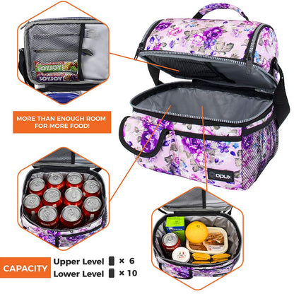 opux Lunch Bag Women Insulated, Adult Lunch Box Cooler, Flower Lunch Box, Dual Compartment Lunchbox for Work, Leakproof Double Decker Lunch Bag, Soft Lunch Pail Tote Girls Kids School, Floral Purple